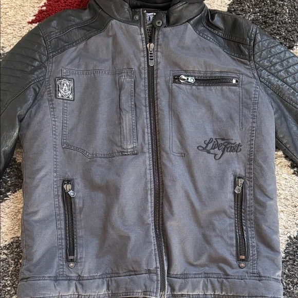 Affliction Charcoal and Black leather Jacket - Picture 2 of 10